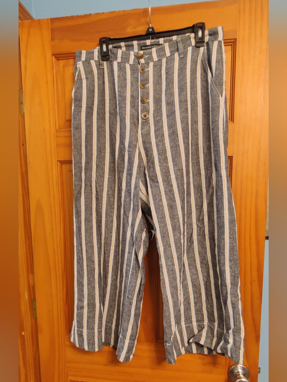 Abercrombie And Fitch Linen Cotton Blend Stripe Button Up Pants Gray Stripe